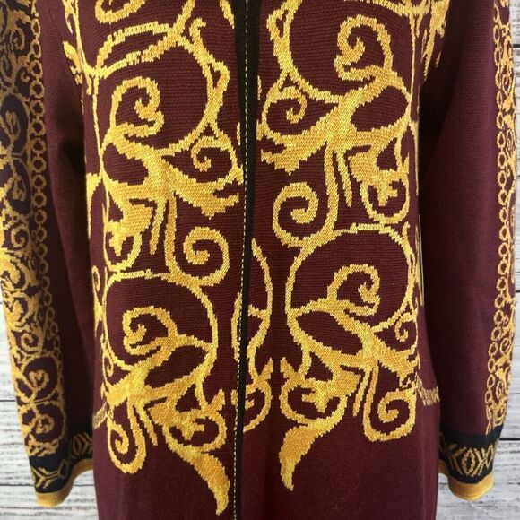 Vertigo Paris Gold Burgundy Motif Wool Open Front Long Cardigan Duster sz Small - Picture 9 of 16